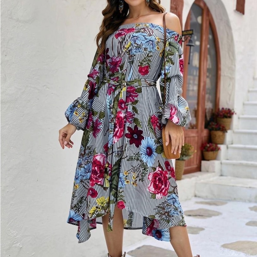 Gracia Floral Striped Off-The-Shoulder High-Low Midi Dress